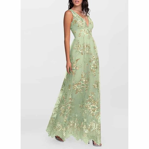 AZ Occasions Romantic Adventure Dusty Sage Embroidery Tulle Maxi Dress