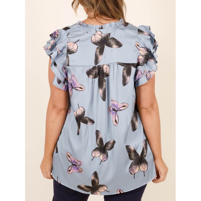 Butterfly printed layered ruffled short sleeved shirt