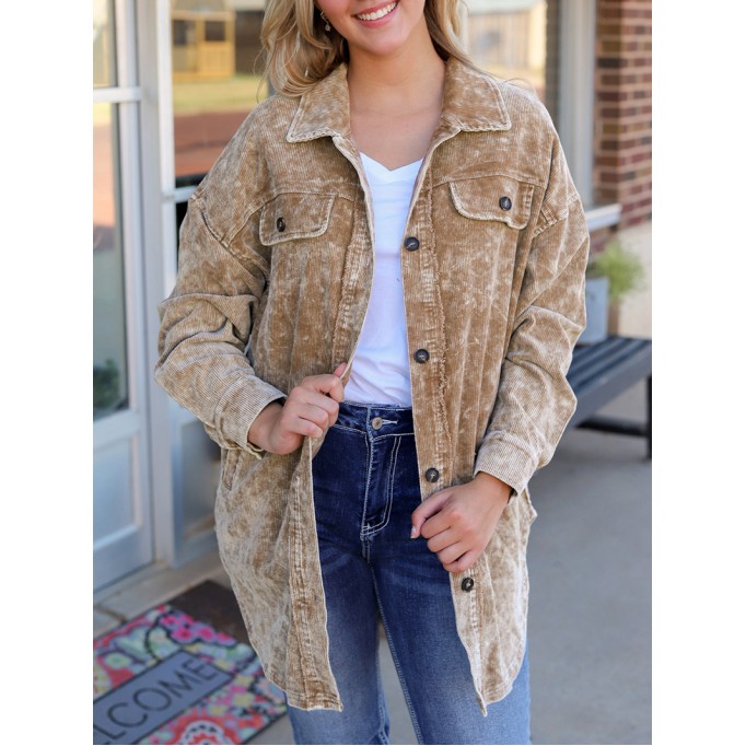Khaki Vintage Distressed Mineral Wash Oversized Shacket