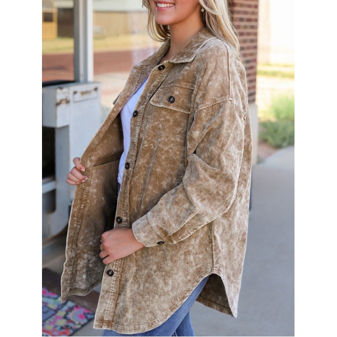 Khaki Vintage Distressed Mineral Wash Oversized Shacket